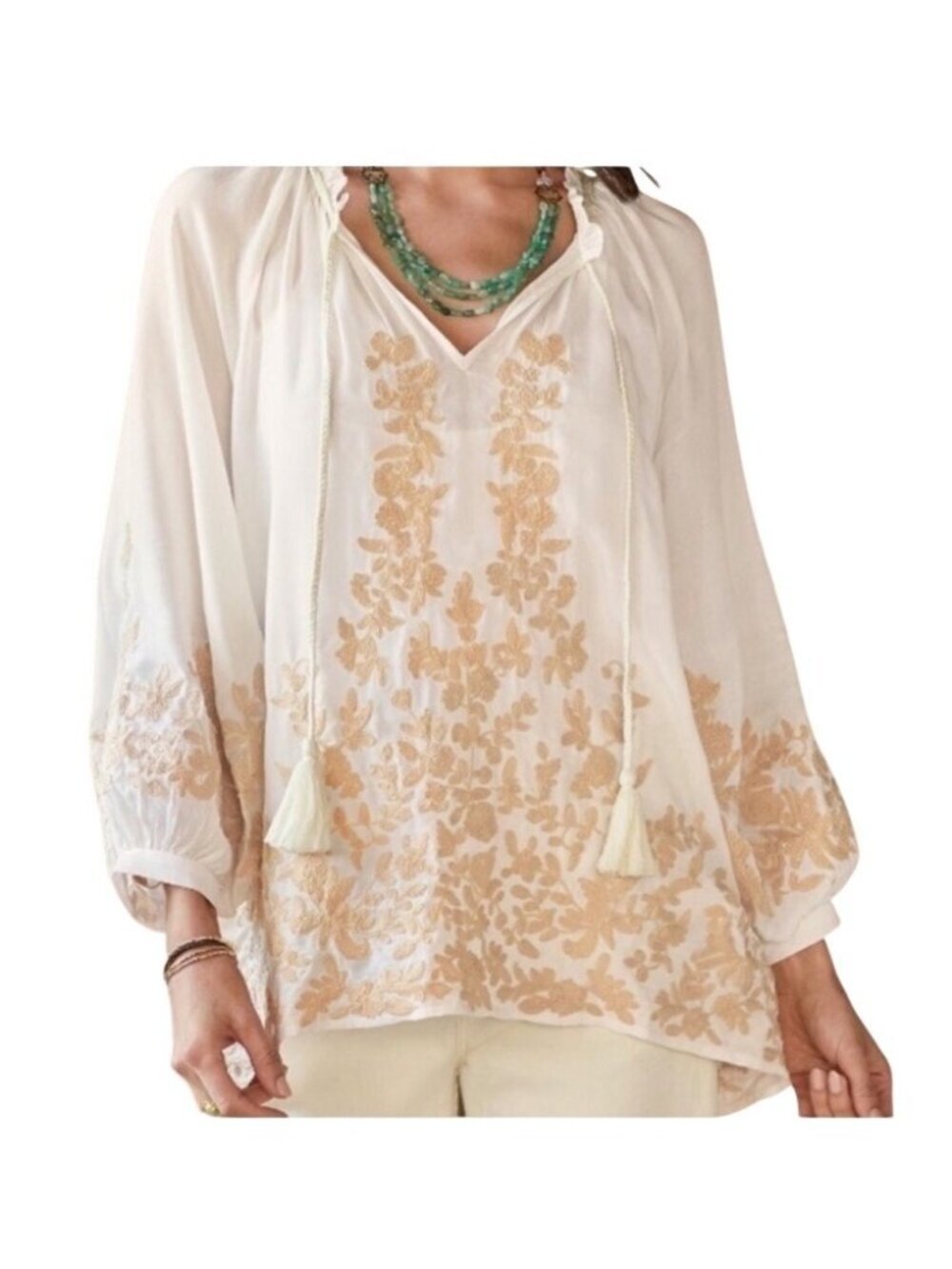 Sundance Dulce De Lethe Floral Embroidered boho top Tassel Ties 3/4 Sleeve S